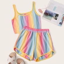 Romwe Rainbow Stripe Tank Top & Shorts