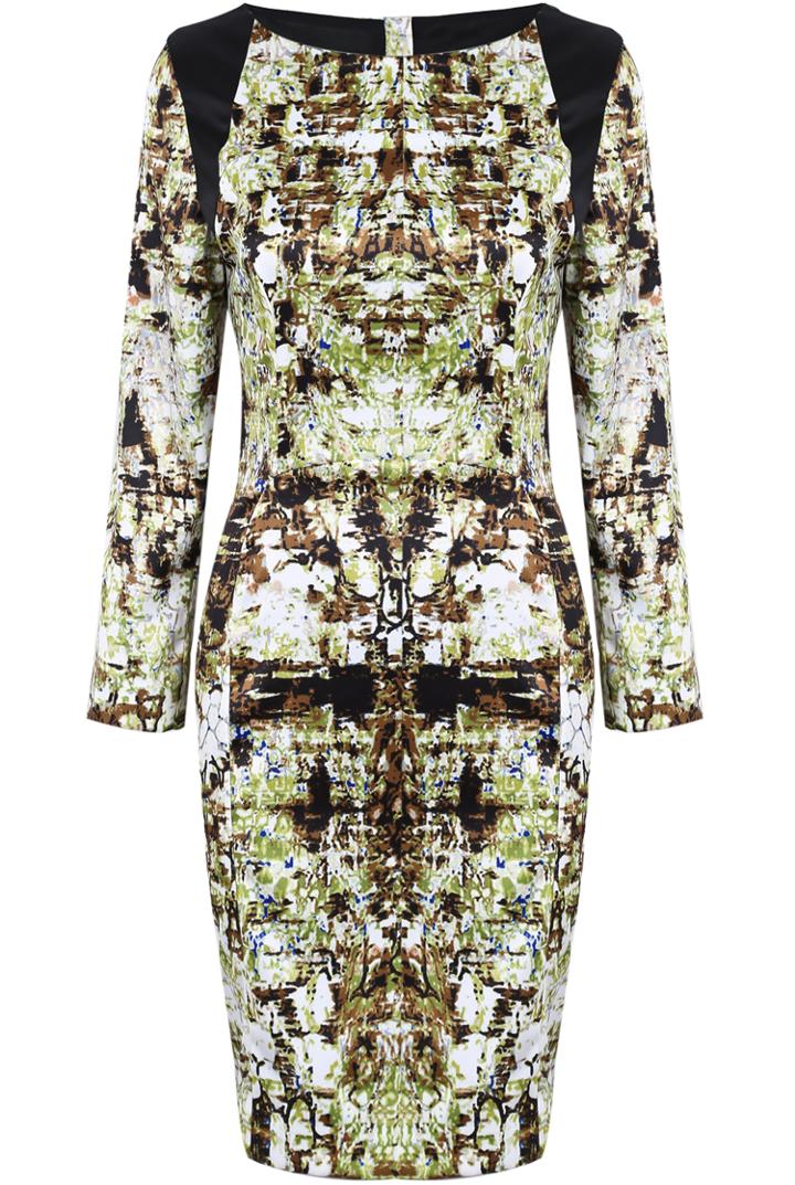 Romwe Green Long Sleeve Contrast Pu Leather Floral Dress