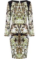 Romwe Green Long Sleeve Contrast Pu Leather Floral Dress