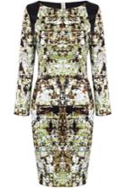 Romwe Green Long Sleeve Contrast Pu Leather Floral Dress