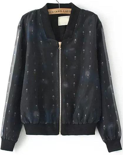 Romwe With Zipper Skull Print Organza Coat