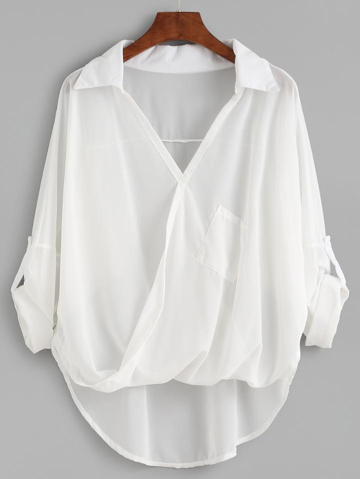 Romwe White Dip Hem Wrap Blouse