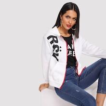 Romwe Letter Print Zip Up Hoodie