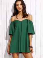 Romwe Green Crisscross Cold Shoulder Bell Sleeve Dress