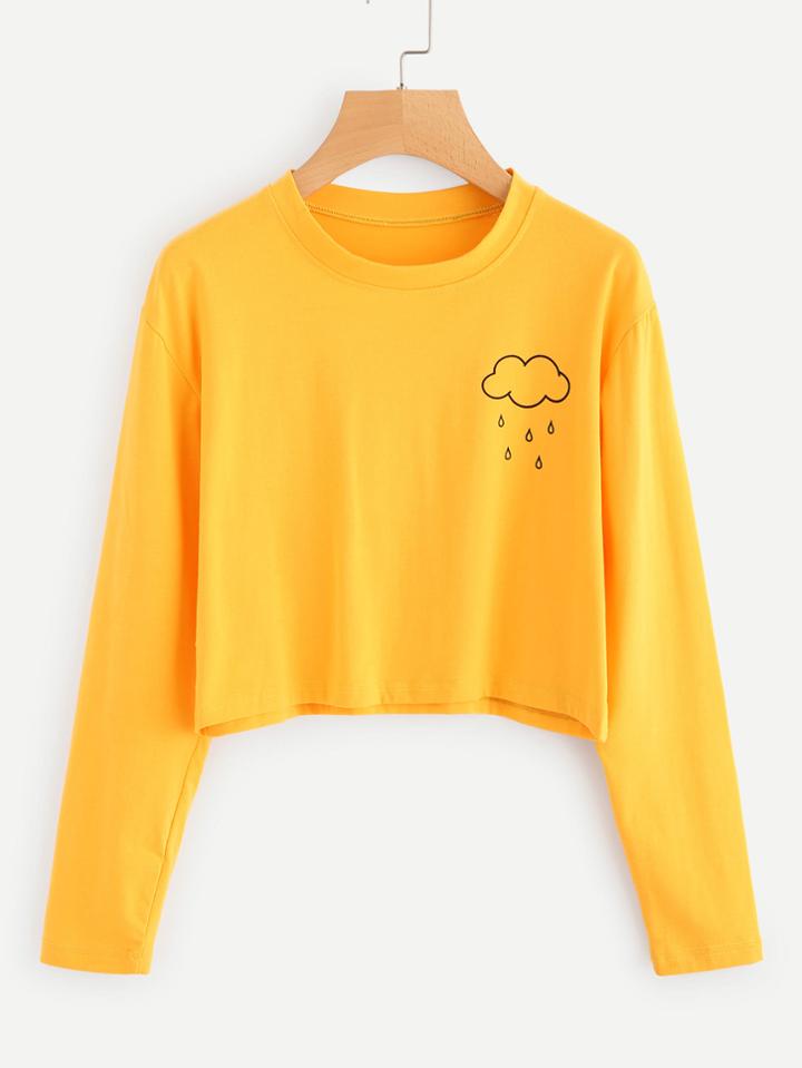 Romwe Rainy Print Crop T-shirt