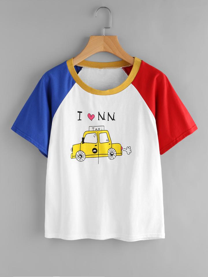 Romwe Contrast Raglan Sleeve Graphic Print Tee