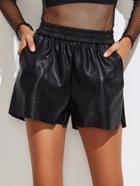 Romwe Pu Leather Elastic Waist Split Side Shorts