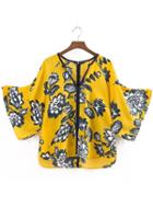 Romwe Yellow V Neck Floral Loose Blouse