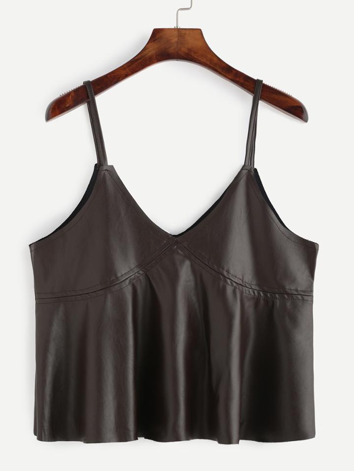 Romwe Box Pleated Faux Leather Cami Top