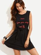 Romwe Black Slogan Print Self Tie Sleeveless Dress