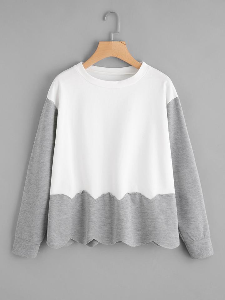 Romwe Contrast Trim Scallop Hem Sweatshirt