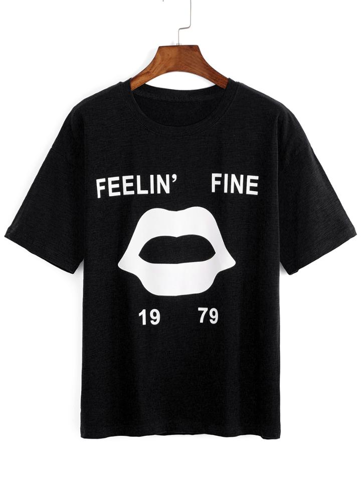 Romwe Lips Print Black T-shirt