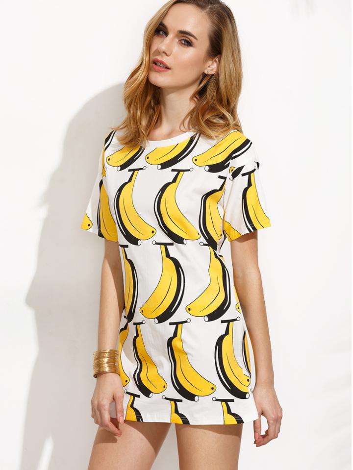 Romwe White Banana Print Drop Shoulder Dress