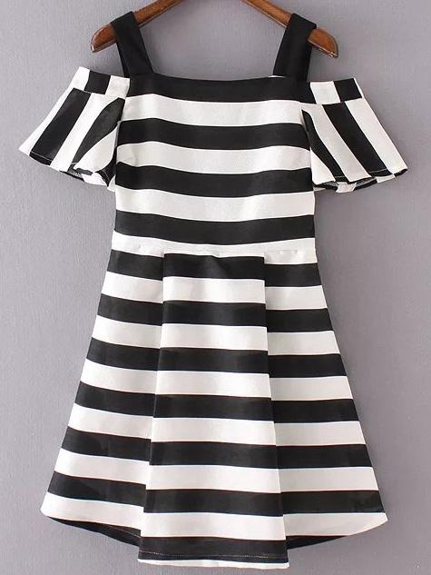 Romwe Black And White Striped Cold Shoulder A-line Dress