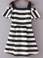 Romwe Black And White Striped Cold Shoulder A-line Dress