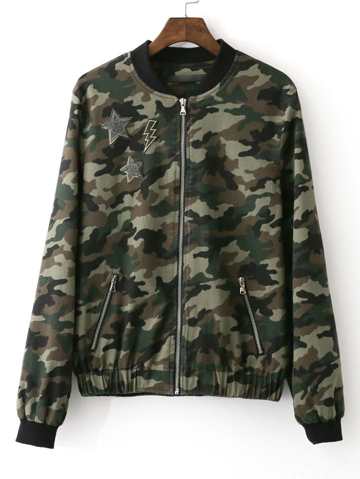 Romwe Camouflage Star Applique Zipper Jacket