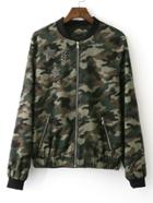 Romwe Camouflage Star Applique Zipper Jacket