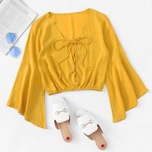 Romwe Lace Up Front Solid Blouse