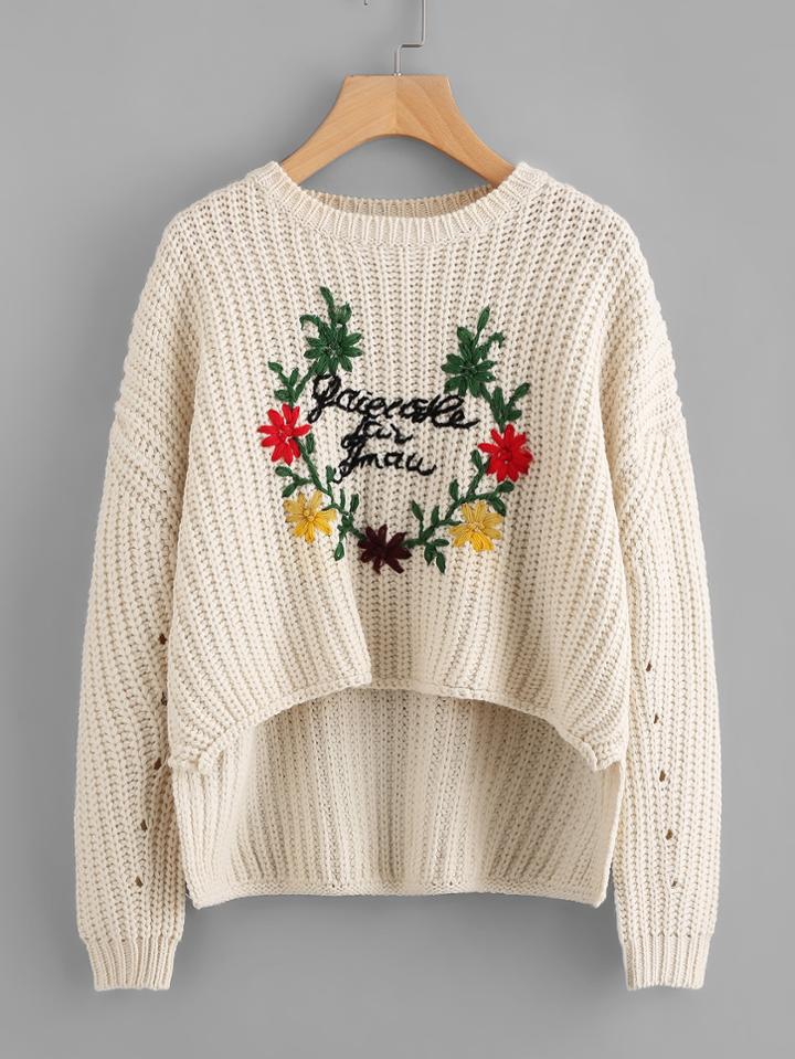 Romwe Flower Embroidered Stepped Hem Jumper