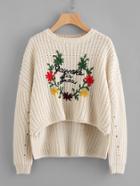 Romwe Flower Embroidered Stepped Hem Jumper