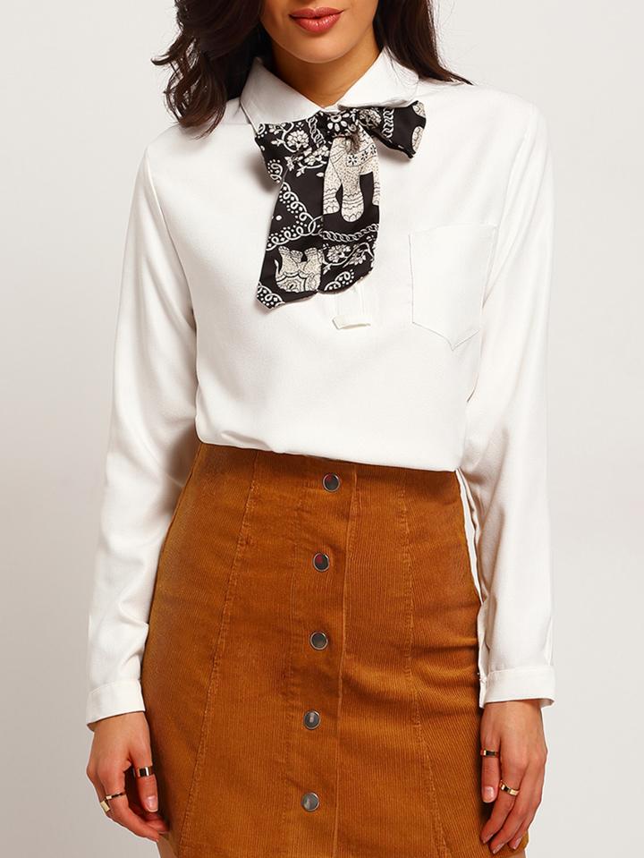 Romwe Tie Collar White Blouse With Pocket