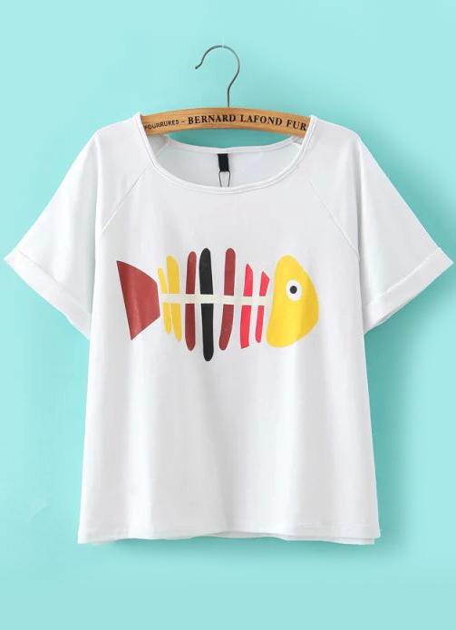 Romwe Fishbone Print White T-shirt