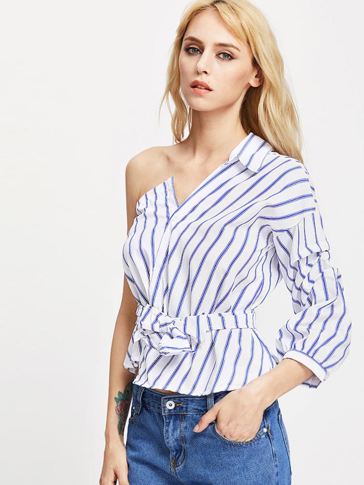 Romwe One Shoulder Self Tie Striped Blouse