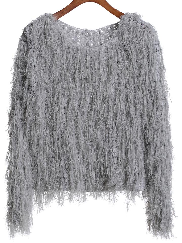 Romwe Round Neck Hollow Tassel Sweater