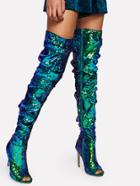 Romwe Sequin Overlay Block Heeled Thigh High Boots