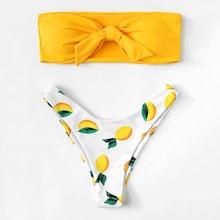 Romwe Knot Front Bandeau Top With Lemon Print High-leg Bikini