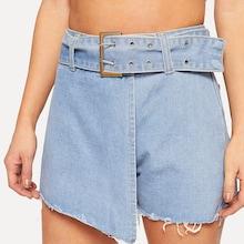 Romwe Solid Belted Denim Culottes Shorts