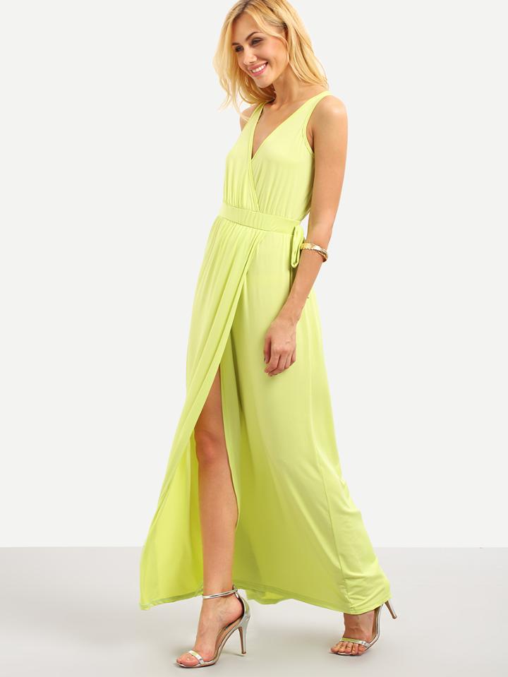 Romwe Surplice Front Self-tie High Slit Dress - Yellow