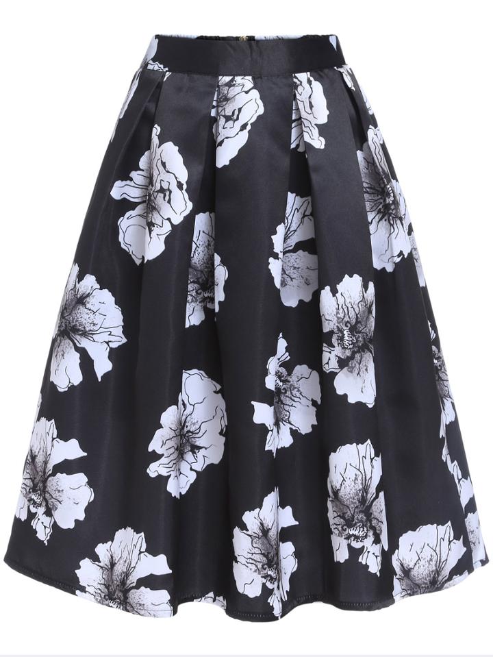 Romwe Flower Print Black Skirt