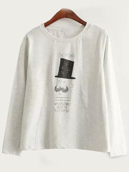 Romwe Cartoon Print Long Sleeve Grey T-shirt