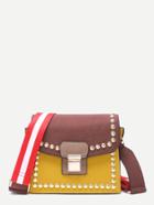 Romwe Cofffee And Yellow Stylish Studded Trim Flap Leather Shoulder Bag