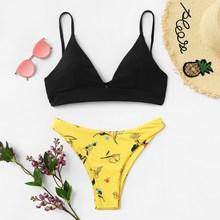 Romwe Triangle Top With Floral Mix And Match Bikini Set