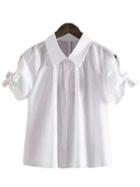 Romwe White Short Sleeve Self-tie Bow Lapel Blouse