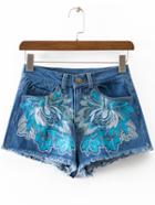 Romwe Blue Pockets Fringe Trim Embroidery Denim Shorts