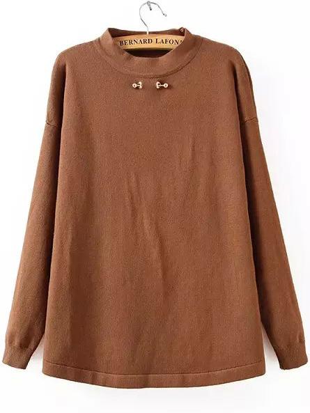 Romwe Long Sleeve Loose Khaki Sweater With Brooche