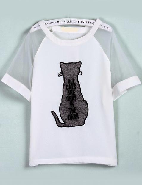 Romwe Cat Letter Embroidered White T-shirt