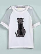 Romwe Cat Letter Embroidered White T-shirt