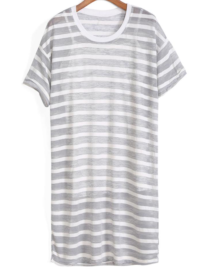 Romwe Round Neck Striped Long T-shirt