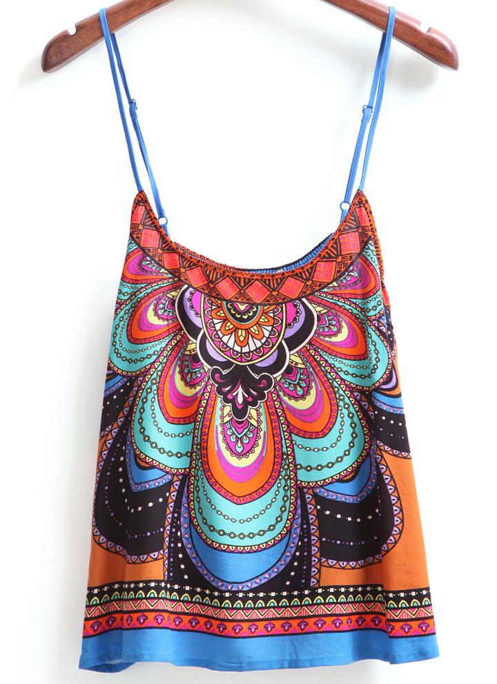 Romwe Spaghetti Strap Vintage Print Brown Cami Top