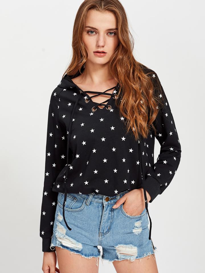 Romwe Allover Star Print Eyelet Lace Up Hoodie