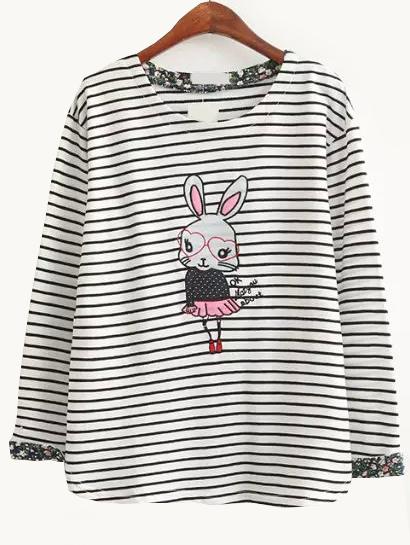 Romwe Striped Rabbit Print Navy T-shirt