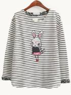 Romwe Striped Rabbit Print Navy T-shirt