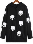 Romwe Hooded Skull Print Black Sweatshirt