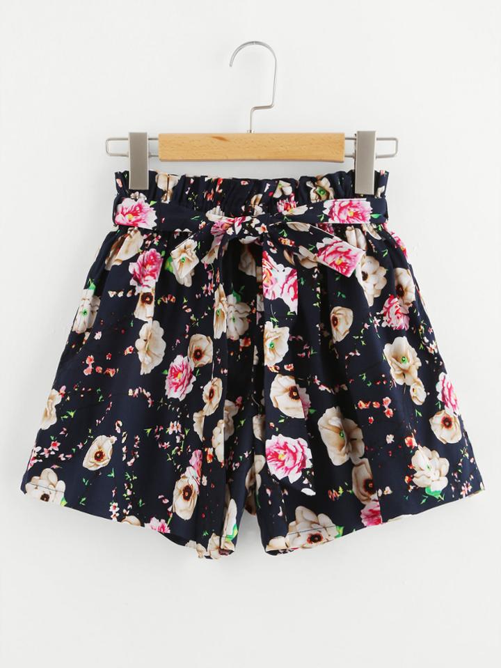 Romwe Floral Print Random Shorts With Belt