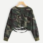 Romwe Cut Out Camouflage Print Crop Sweatshirt