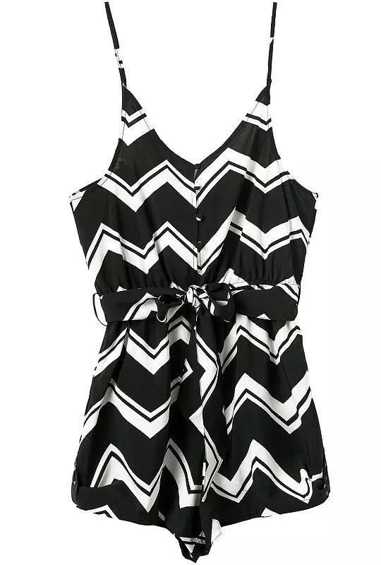 Romwe Spaghetti Strap With Belt Zigzag Black Jumpsuit